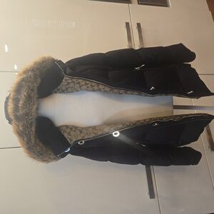 Coach Coyote Fur Trimmed Hoodie Leather Feather Down Puffer Jacket Large Black